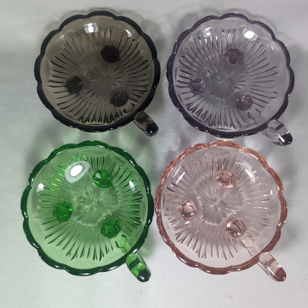 4 Set Depression Bowl Uranium Glass Pedestal Multicolor Black Green Pink Handle